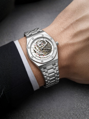 LUXURY MACHENICAL WATCH WITH SKELETON BACK (WHITE DIAL)